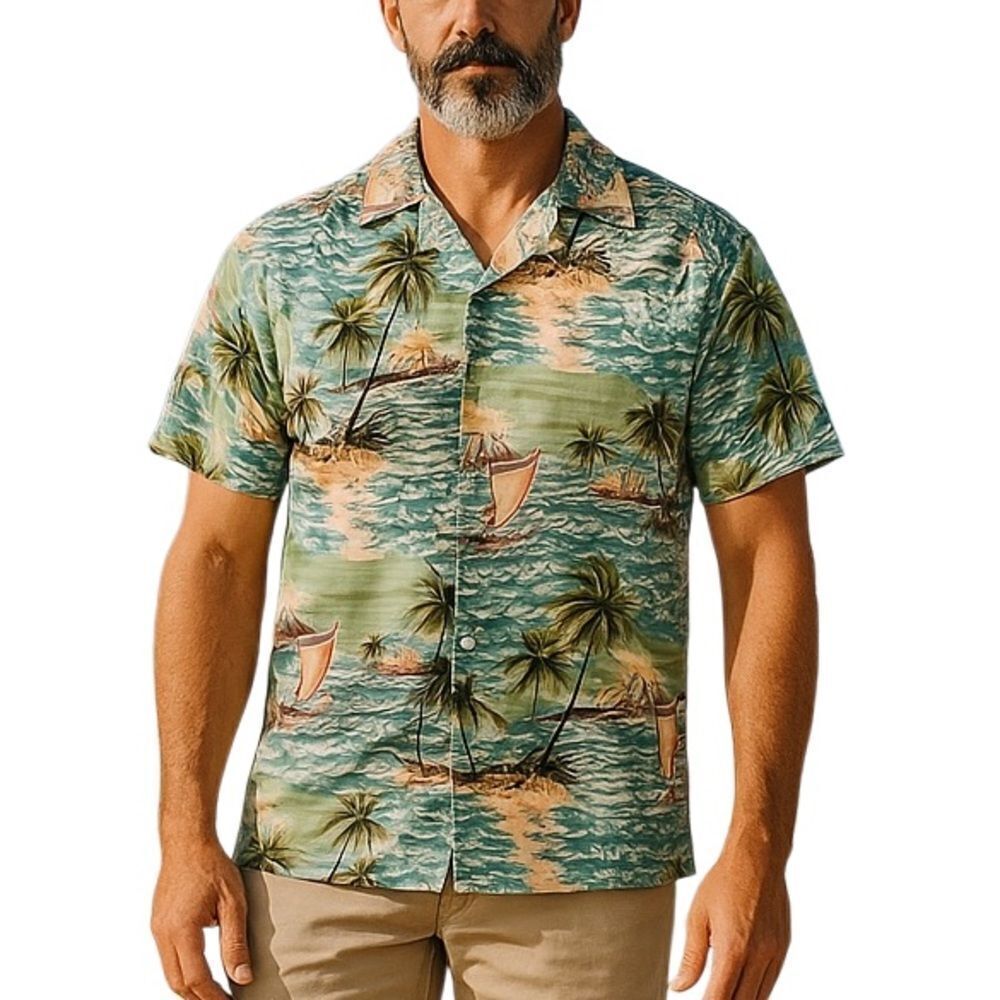 Aloha Republic Men’s Hawaiian Button Up Camp Shirt Diamond Head Cotton Size L
